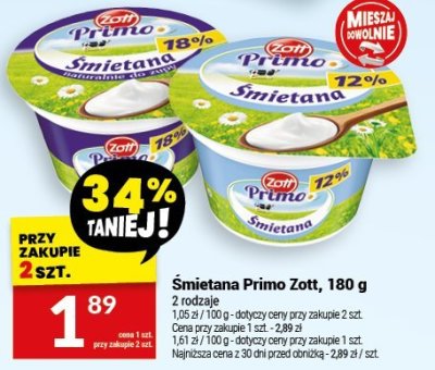 Śmietana Primo Zott, 180 g promocja w Twój Market