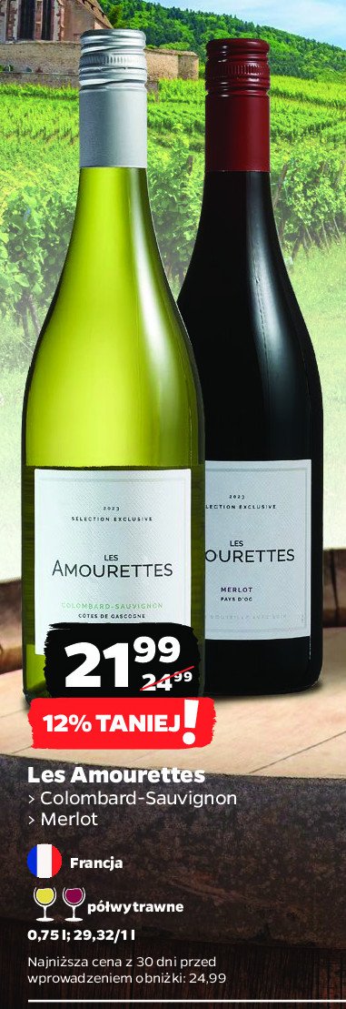 Wino półwytrawne merlot Les amourettes promocja w Netto