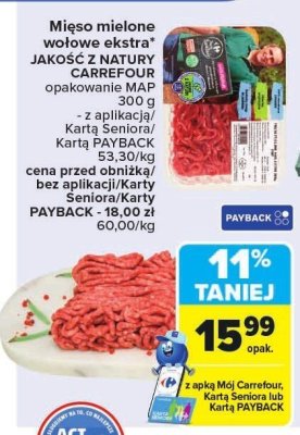 Mięso mielone wołowe ekstra JAKOŚĆ Z NATURY CARREFOUR promocja w Carrefour