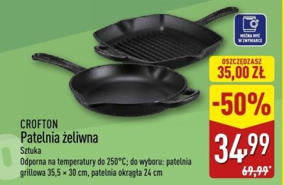 Patelnia żeliwna CROFTON - Sztuka dopuszczalna na temperaturę do 250°C, do wyboru: patelnia grillowa 35,5 × 30 cm, patelnia okrągła 24 cm promocja w Aldi