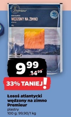 Łosoś atlantycki wędzony na zimno Premieur plastry 100 g, 99,90 zł/kg promocja w Netto
