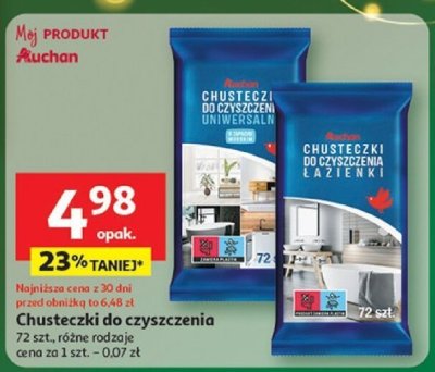 Chusteczki do czyszczenia 72 szt., różne rodzaje cena za 1 szt. - 0.07 zł promocja w Auchan