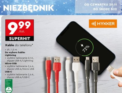 Kabel do telefonu HYKKER Lightning 1,5 m promocja w Biedronka