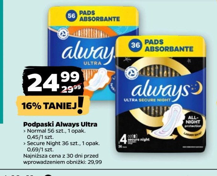 Podpaski secure night Always ultra promocja w Netto