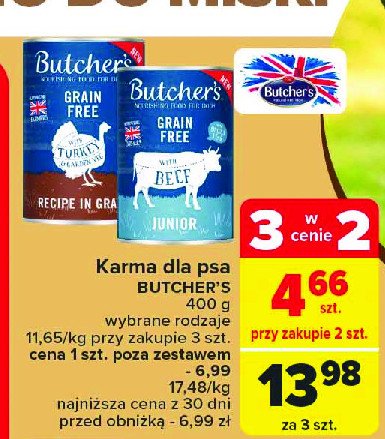Karma dla psa z indykiem Butcher's grain free promocja w Carrefour