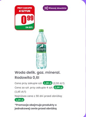 Woda delikatnie gazowana mineralna 0,6l promocja w Dino