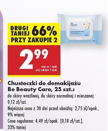 Chusteczki do demakijażu sensitive Be beauty care promocja w Biedronka