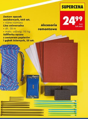 Akcesoria remontowe: zestaw opasek zaciskowych 440 szt., lina uniwersalna, szlifierka ręczna z zestawem papierów i gąbek ściernych 23 szt. promocja w Biedronka