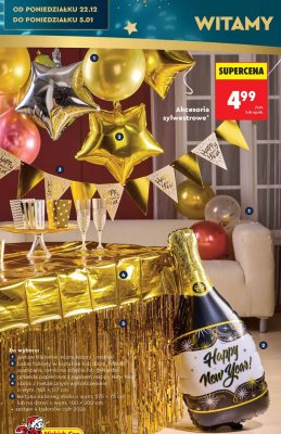 Akcesoria sylwestrowe: balon foliowy w kształcie kuli disco, butelki szampana, ramki na zdjęcie lub gwiazdek promocja w Biedronka