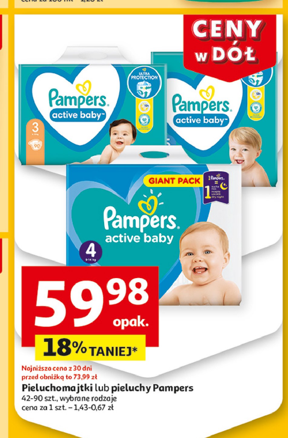 Pieluszki dla dzieci maxi 4 Pampers active baby promocja w Auchan