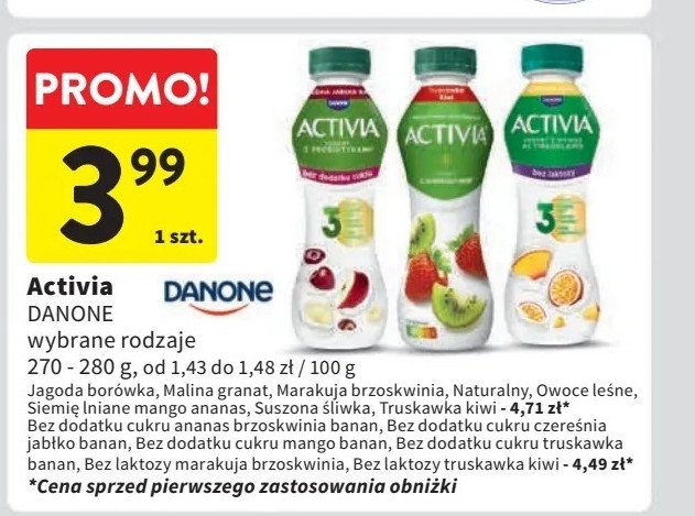 Jogurt bez cukru czereśnia-jabłko-banan Danone activia promocja