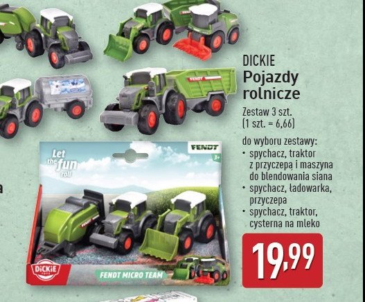 Spychacz + traktor + cysterna na mlekoi Dickie toys promocja w Aldi