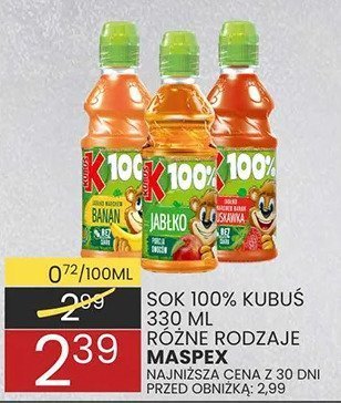 Sok 100% KUBUŚ 330 ml różne rodzaje MASPEX promocja w Wafelek