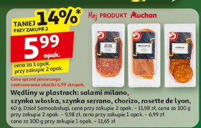 Wędliny w plastrach: salami milano, szynka włoska, szynka serrano, chorizo, rosette de lyon Dział Samoobsługi promocja w Auchan