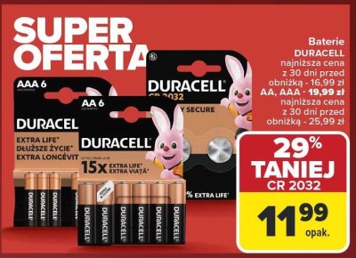 Baterie DURACELL najniższa cena z 30 dni przed obniżką - A, AA, AAA - 16,99 zł, AA - 19,99 zł, AA - 25,99 zł promocja w Carrefour