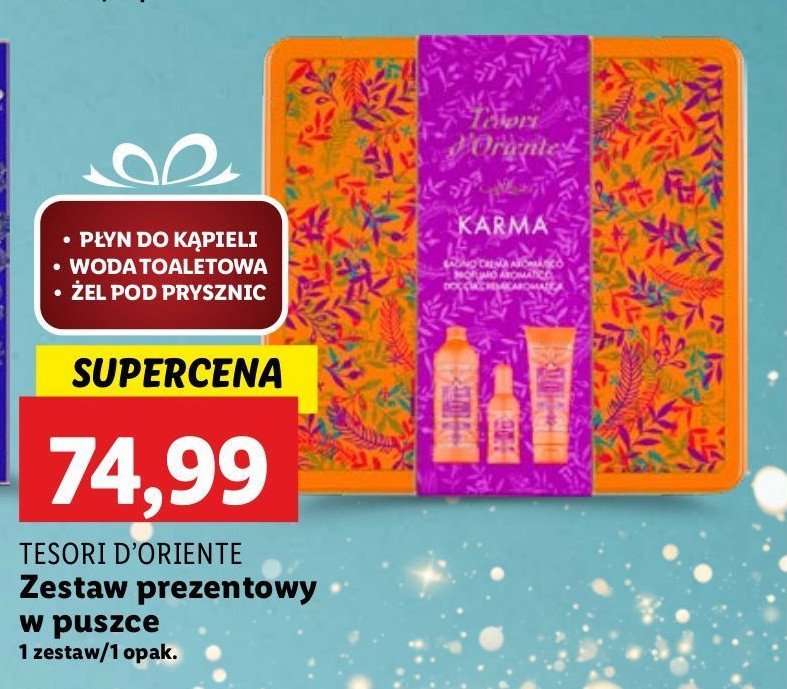 Zestaw w puszczce karma ritual: woda toaletowa + płyn do kąpieli + żel pod prysznic Tesori d'oriente promocja w Lidl