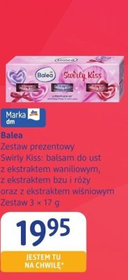 Zestaw prezentowy Balea Swirly Kiss: balsam do ust z ekstraktem waniliowym, z ekstraktem róży i z ekstraktem wiśniowym promocja w Drogerie DM