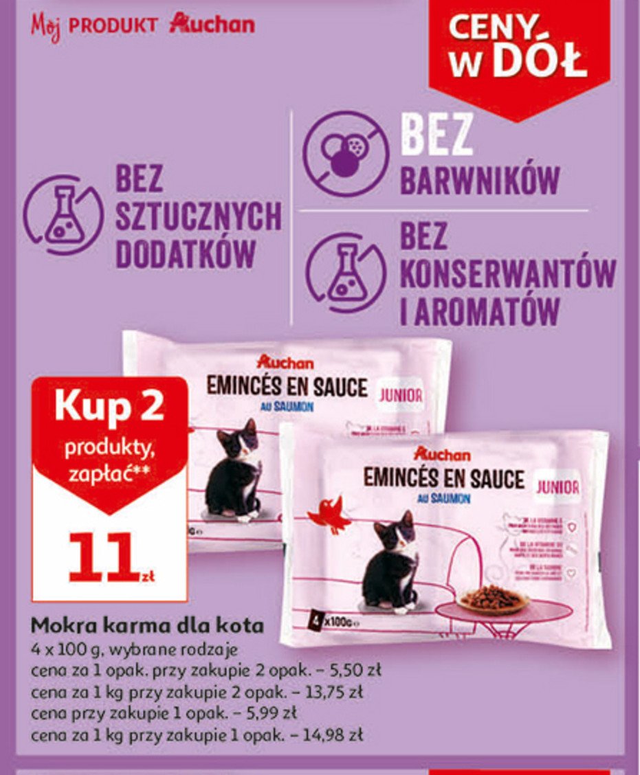 Karma dla kota junior kawałki w galarecie 1x jagnięcina 1x wołowina 1x krewetki 1x drób Auchan różnorodne (logo czerwone) promocja