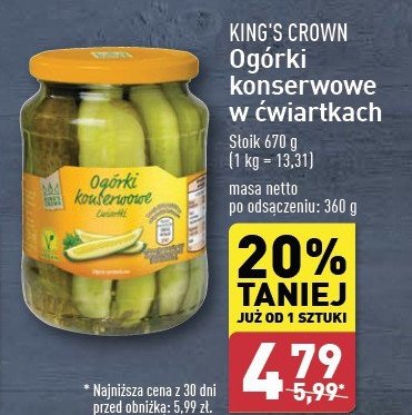 Ogórki konserwowe ćwiartki King's crown (aldi) promocja