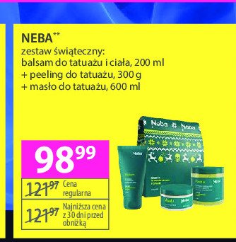 Zestaw w pudełku: masło do tatuażu 600 ml + peeling do tatuażu 300 g + balsam do tatuażu i ciała 200 ml Neba promocja