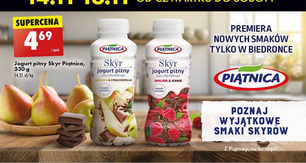 Jogurt pitny gruszka & stracciatella Piątnica skyr promocja w Biedronka