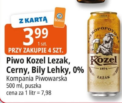 Piwo Kozel Lezak, Cerny, Bily Lehky 0% Kompania Piwowarska 500ml promocja w Leclerc