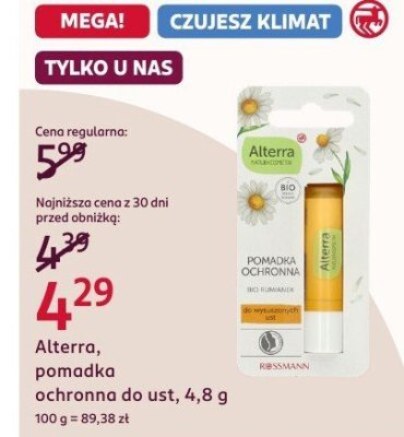 Pomadka ochronna do ust Alterra, 4,8 g promocja w Rossmann