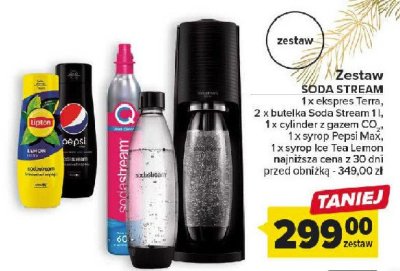 Zestaw: urządzenie terra black + 2x butelki 1l + 1 cylinder + syrop pepsi max + syrop lipton lemon Sodastream promocja