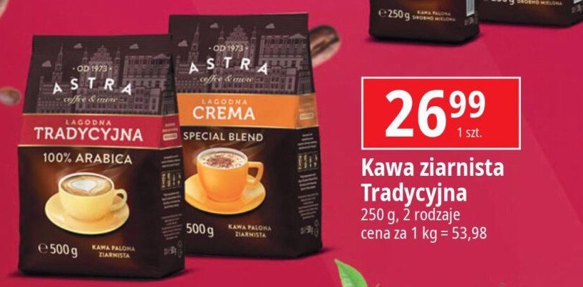 Kawa Astra łagodna 100% arabica crema Astra caffee promocja
