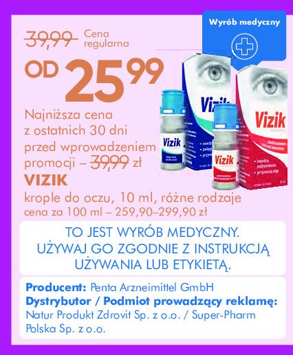 Krople na podrażnione i zaczerwienione oczy Vizik promocja w Super-Pharm