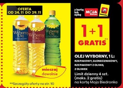 Olej wyborny 1 l: rzepakowy, słonecznikowy, rzepakowy oliwą 1+1 GRATIS promocja w Biedronka