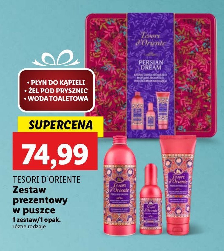 Zestaw w puszce persian dream: płyn do kąpieli 500 ml + żel pod prysznic 250 ml + woda toaletowa 100 ml Tesori d'oriente promocja