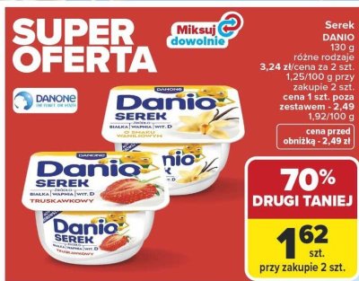 Serek DANIO 130g różne rodzaje 3,24zł/cena za 2 szt 1,25/100g przy zakupie 2 szt. cena 1 szt. poza zestawem - 2,49 1,92/100g promocja w Carrefour Market