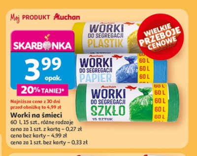 Worki do segregacji odpad贸w plastik 60 l Auchan r贸偶norodne (logo czerwone) promocja