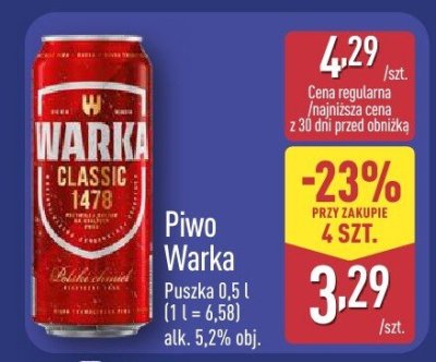 Piwo Warka Classic puszka 0,5 l promocja w Aldi