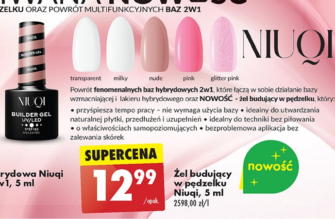 Żel budujący w pędzelku glitter pink Niuqi promocja