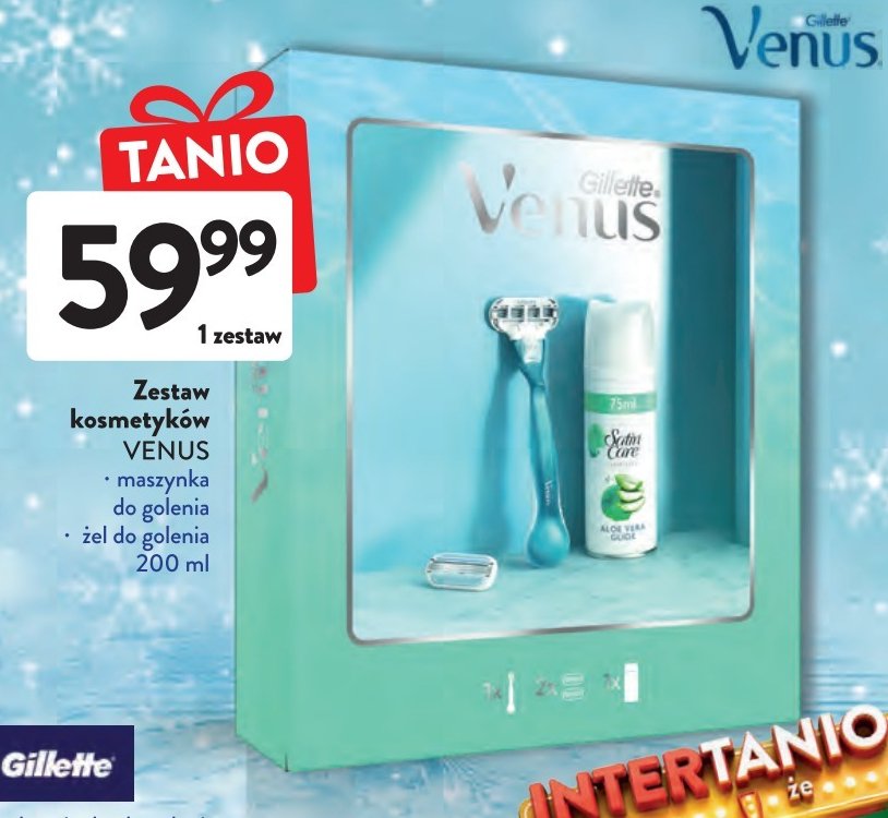Zestaw venus w pudełku: żel satin care sensitive aloe vera 75 ml + maszynka do golenia venus smooth + zapas Gillette zestaw promocja