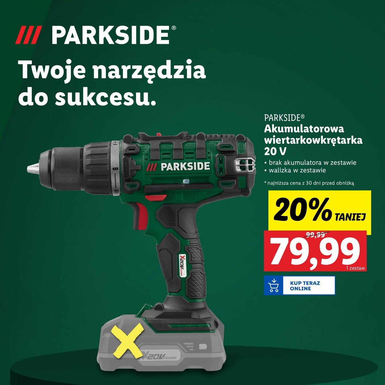 Wiertarko-wkrętarka akumulatorowa 20v pabs 20-li h9 Parkside promocja