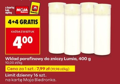 Wkład parafinowy do zniczy 4+4 GRATIS promocja w Biedronka
