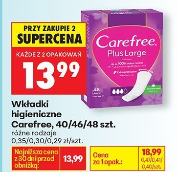 Wkładki higieniczne Carefree Plus Large 48 szt. promocja w Biedronka