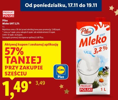 Mleko UHT 3,2% Pilos promocja w Lidl