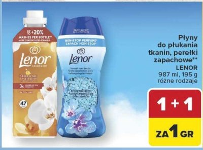 Płyny do płukania tkanin, perełki zapachowe, różne rodzaje 1+1 ZA 1 GROSZ LENOR promocja w Carrefour Market