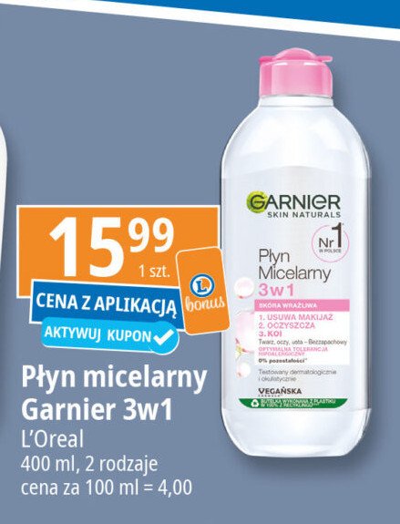 Płyn micelarny 3w1 skóra wrażliwa i mieszana Garnier skin naturals promocja