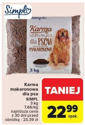 Karma makaronowa dla psów Simply z kaczką promocja w Carrefour