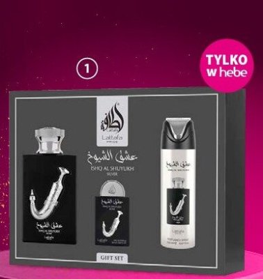 Perfumy LATTAFA Ishq Al Shuyukh Silver zestaw: woda perfumowana damska 100 ml + woda perfumowana damska 20 ml + dezodorant w sprayu 200 ml promocja w Hebe