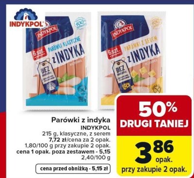 Parówki z indyka Indykpol klasyczne, z serem promocja w Carrefour