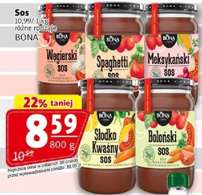 Sos BONA różne rodzaje Węgierski, Spaghetti, Meksykański, Słodko Kwaśny, Boloński promocja w Prim Market