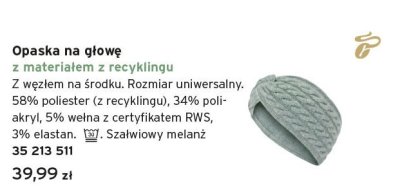 Czapka opaska na głowę z materiałem z recyklingu Tchibo promocja