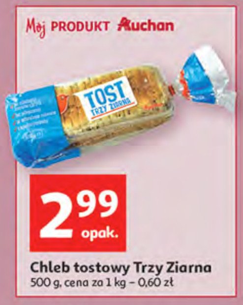 Chleb tostowy trzy ziarna Auchan różnorodne (logo czerwone) promocje
