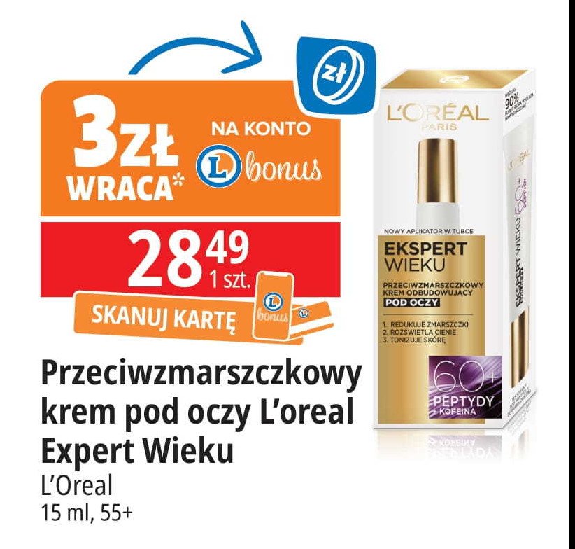 Krem pod oczy odbudowujący L'oreal ekspert wieku 60+ promocja w Leclerc